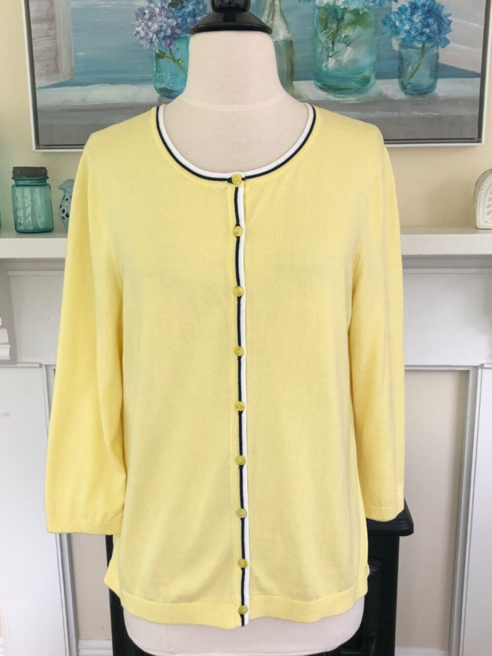 Vintage Buttery Soft Yellow Cardigan 3/4 Sleeve Cotton Blend Large 90s Preppy - Picture 4 of 9